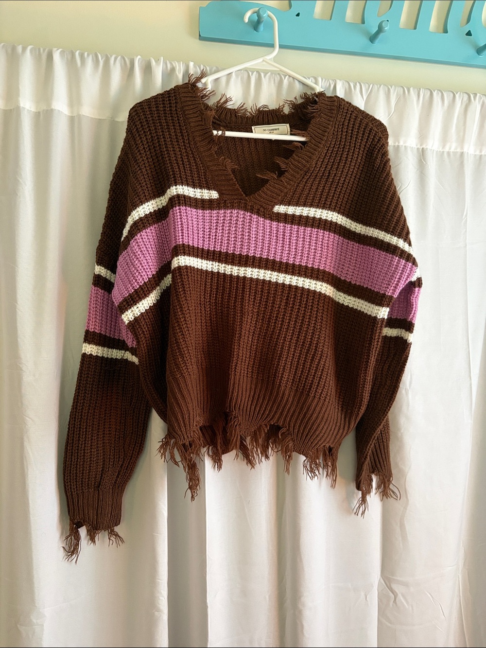 Distressed Brown V‑Neck Sweater with Pink & Cream Stripes